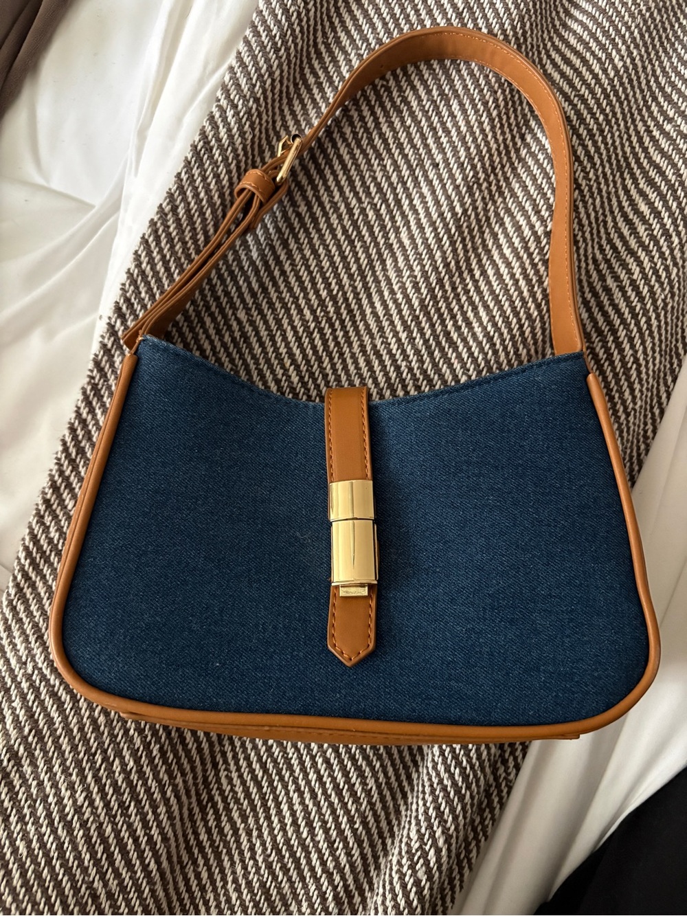 Blue Denim and Tan Leather-Trim Shoulder Bag